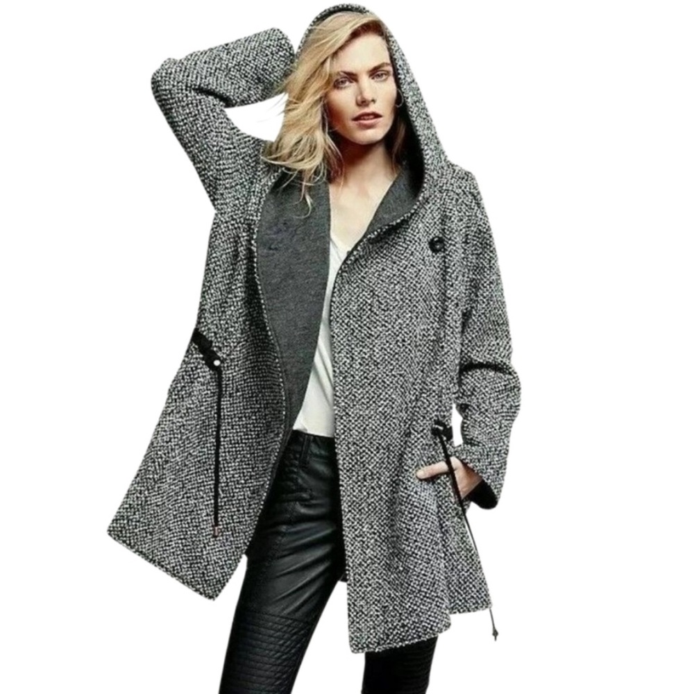 Free People Satelite Image Wool Blend Hooded Swing Coat Black White XS
